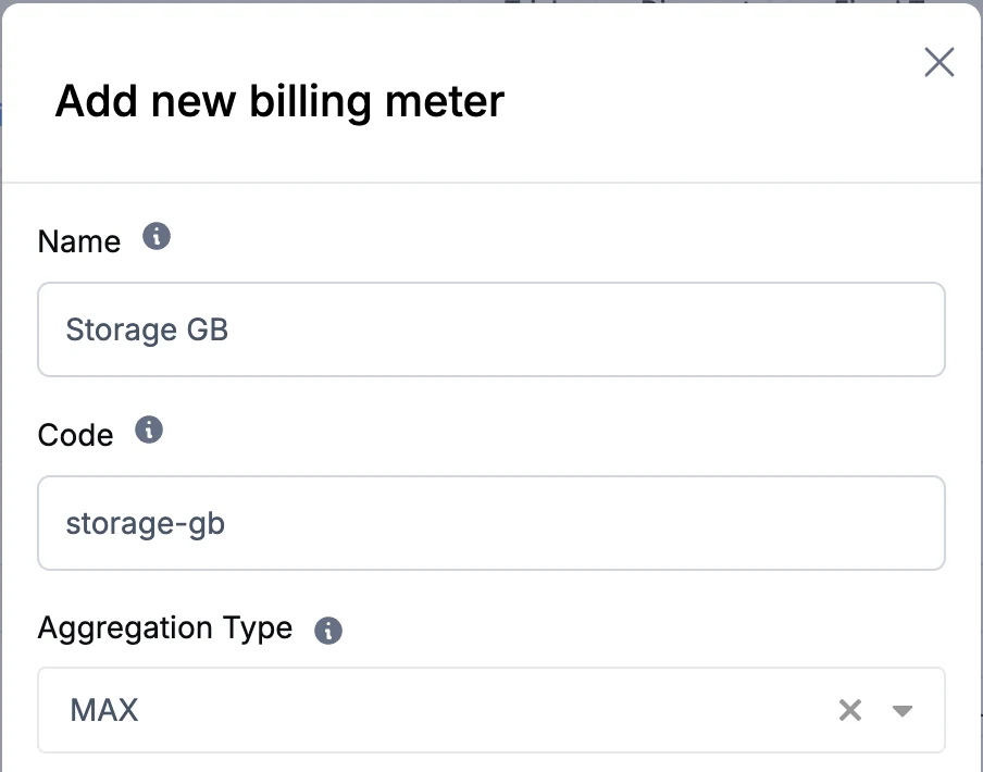 Creating a billing meter in Aviate, with a name, a code and an aggregation type