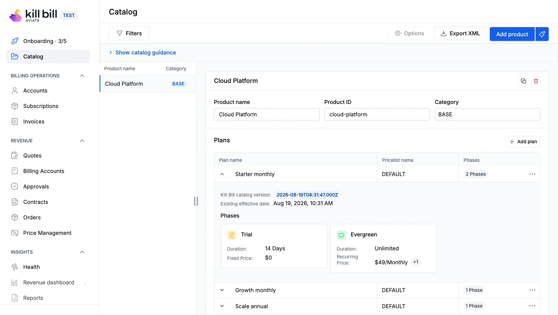 The Aviate interface: navigation with onboarding, catalog, billing operations, revenue (quotes, billing accounts, approvals, contracts, orders, price management) and insights (health, revenue dashboard, reports), with a product, its plans and a trial then evergreen phase