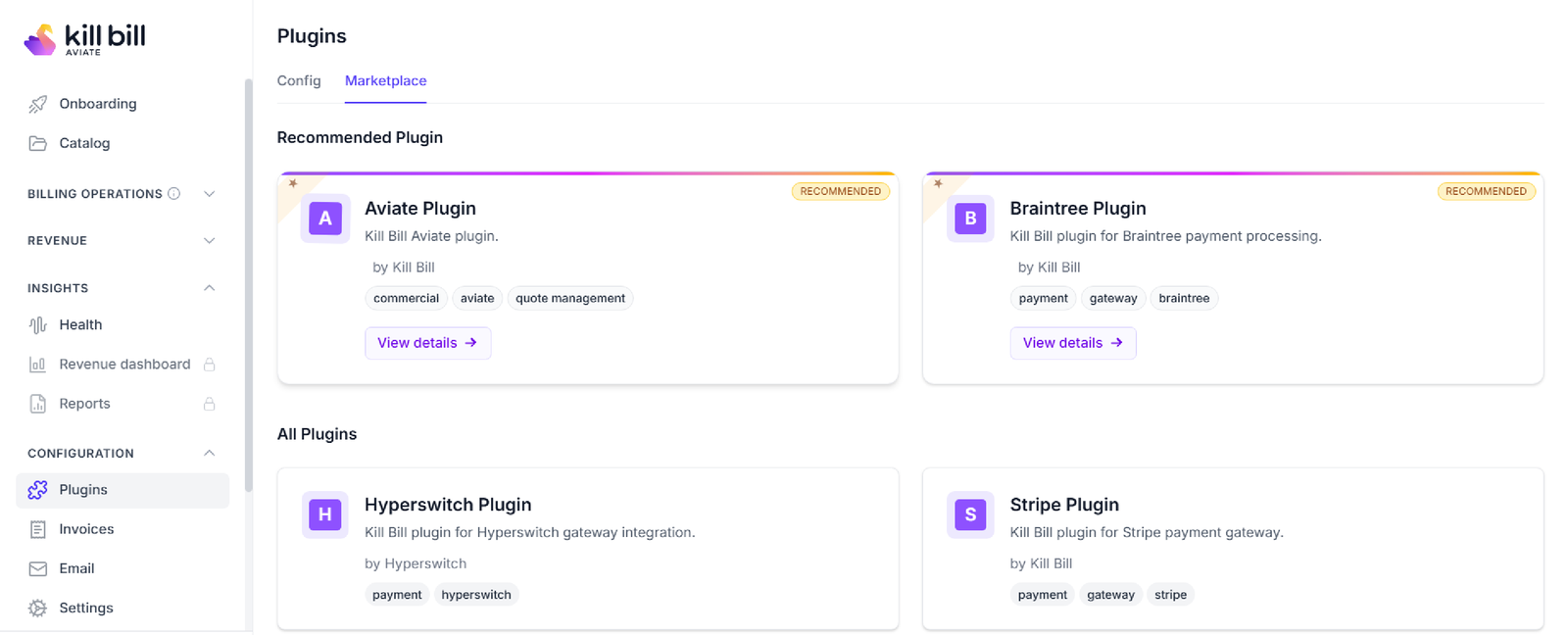 The Aviate Control Plane: navigation with onboarding, catalog, billing operations, revenue, health, plugins, invoices, email and settings, and the plugin marketplace with the Aviate, Braintree, Hyperswitch and Stripe plugins
