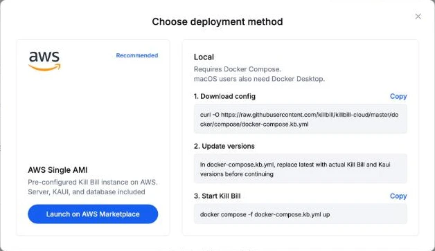Choosing a deployment method in Aviate: an AWS single AMI with Kill Bill, Kaui and the database, or a local Docker Compose setup