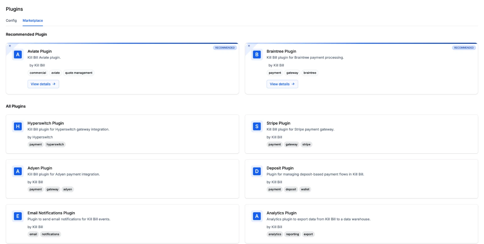 The plugin marketplace in Aviate, with the Braintree plugin listed next to the Aviate, Hyperswitch and Stripe plugins