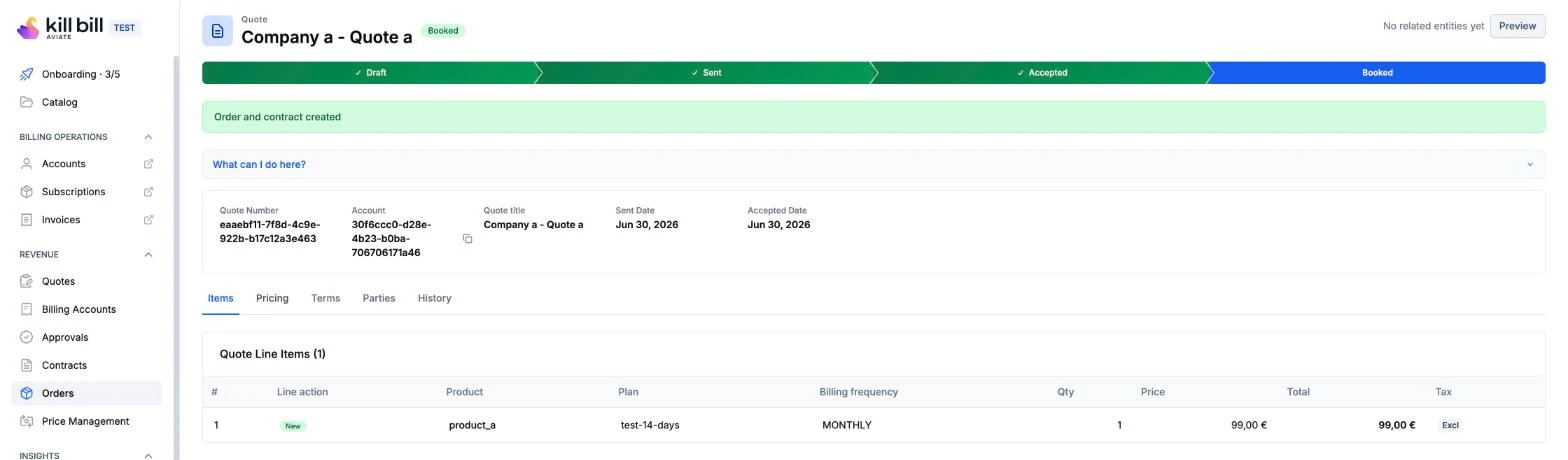 A quote in Aviate with the stages draft, sent, accepted and booked, the message that the order and contract were created, and a quote line item