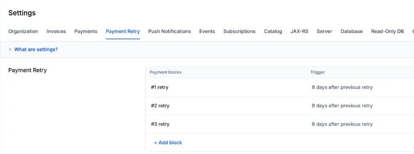 Aviate tenant settings with tabs for organization, invoices, payments, payment retry, push notifications, events, subscriptions, catalog, server, database, security and more, and the payment retry schedule of three retries eight days apart