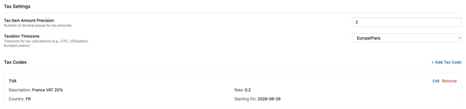 Aviate Tax settings: a France VAT tax code at 20 percent with a start date, and the taxation time zone
