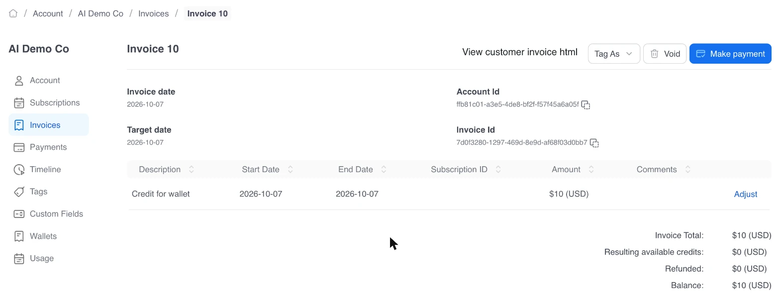 Kaui invoice for the account AI Demo Co with one line, Credit for wallet, 10 USD.