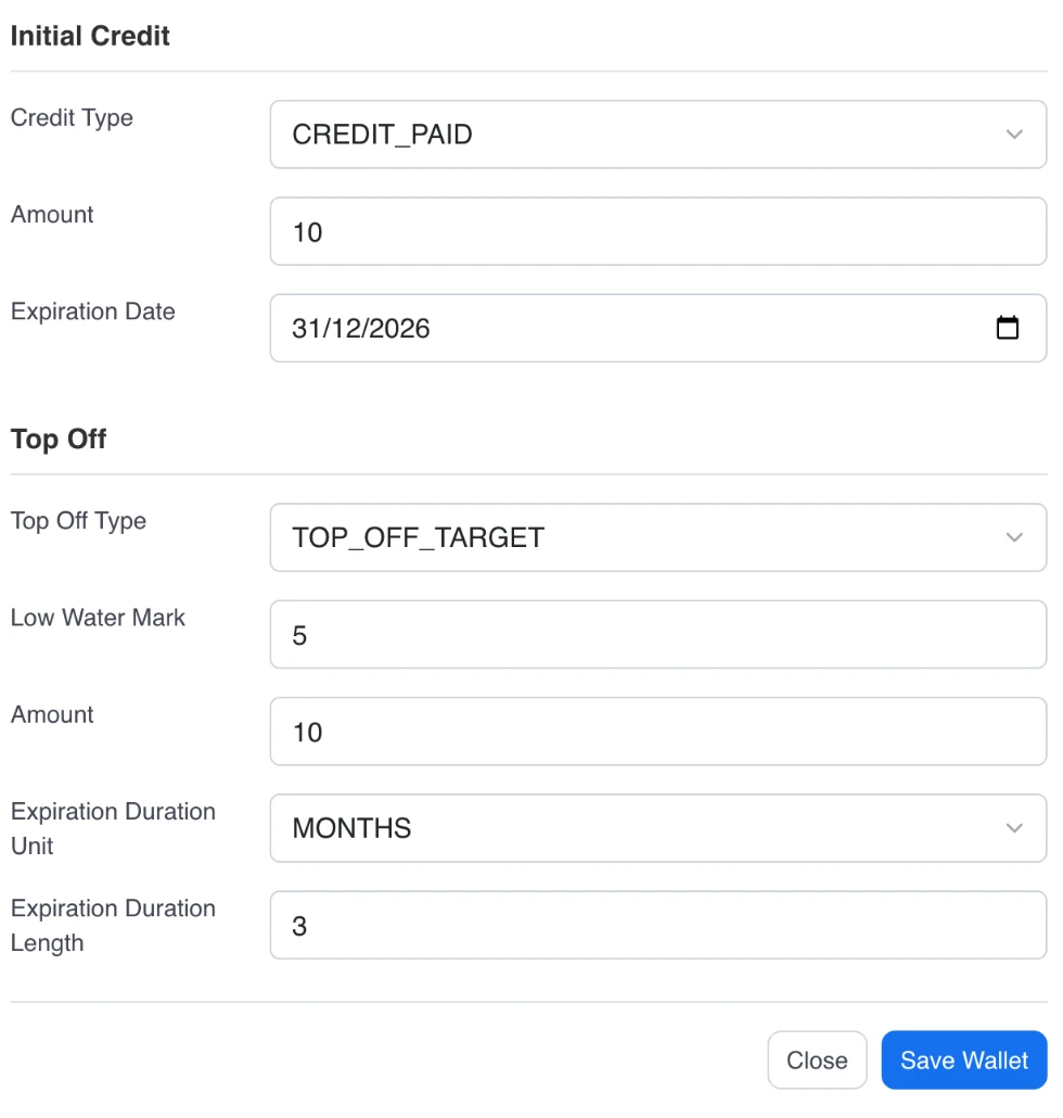 Wallet setup form in Kaui with Aviate: paid credit of 10, expiring 31 December 2026, top-off type TOP_OFF_TARGET with a low water mark of 5 and an amount of 10.