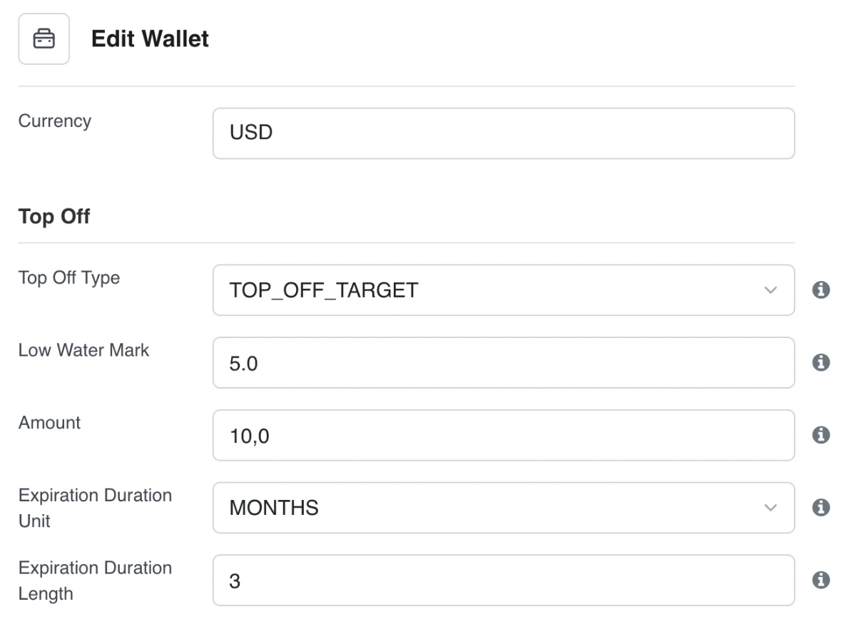 Edit Wallet form in Kaui with Aviate: currency USD, top-off type TOP_OFF_TARGET, low water mark 5, amount 10, top-off credits expiring after 3 months.