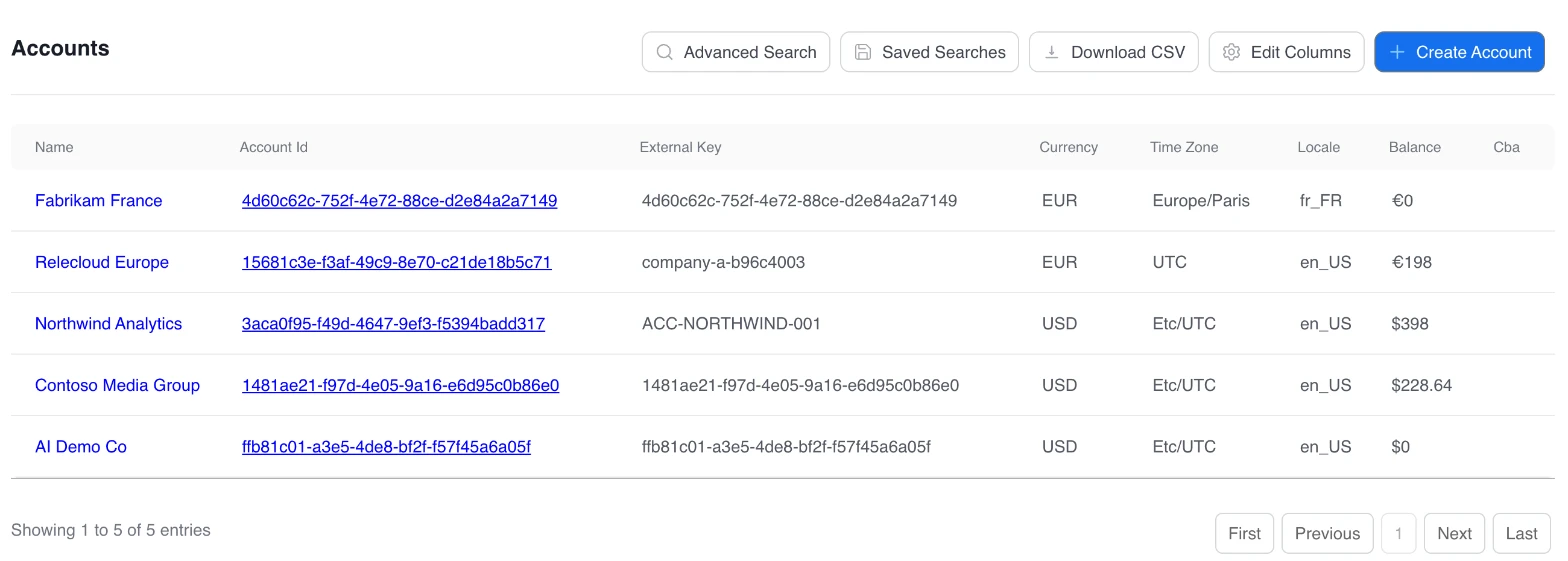 The accounts list in Kaui with account IDs, external keys, currency, time zone, locale and balance