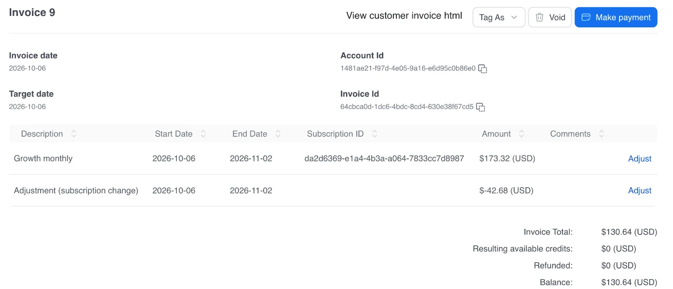 An invoice in Kaui after a plan change, with the new plan charge and an adjustment line