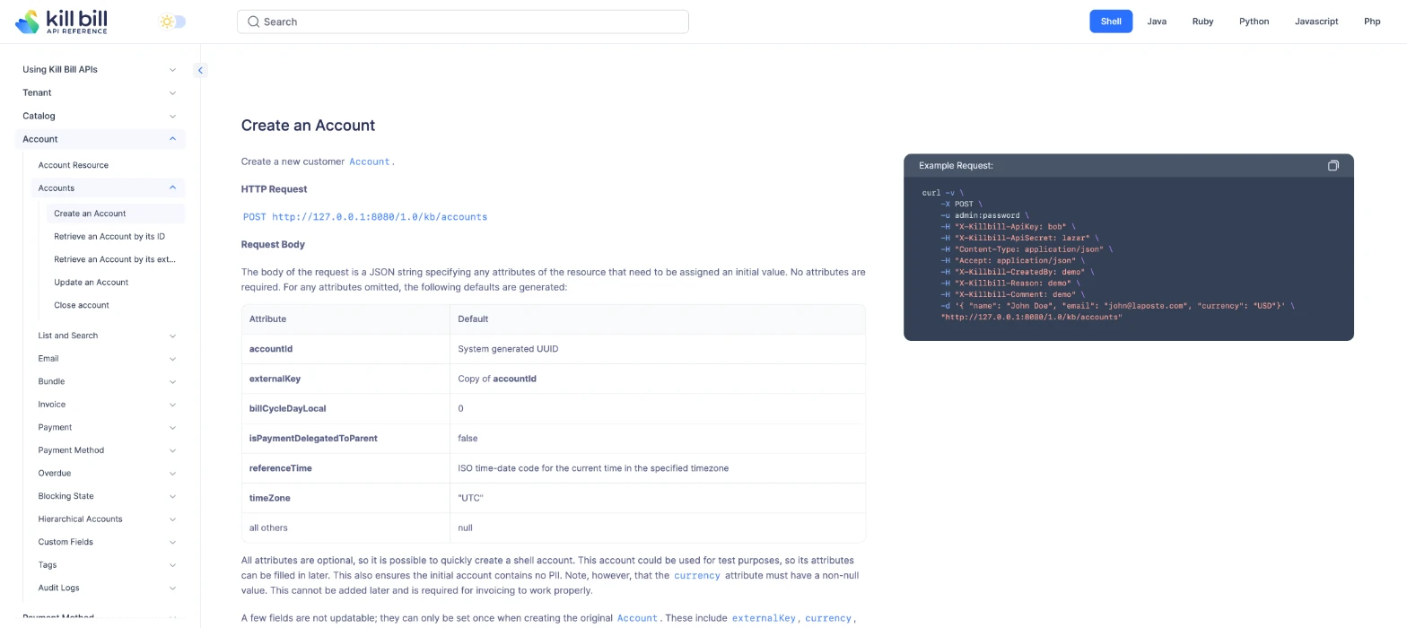 The Kill Bill API reference on the Create an Account endpoint, with the HTTP request, default values and a cURL example, and tabs for Shell, Java, Ruby, Python, Javascript and PHP